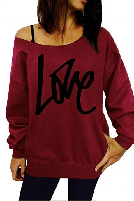 Women Hoodies Sweatshirt Spring Girls LOVE Letter Printed Long Sleeve Sexy Off The Shoulder Pullover burgundy