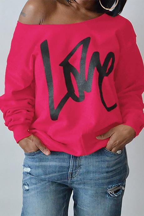 Women Hoodies Sweatshirt Spring Girls LOVE Letter Printed Long Sleeve Sexy Off The Shoulder Pullover hot pink