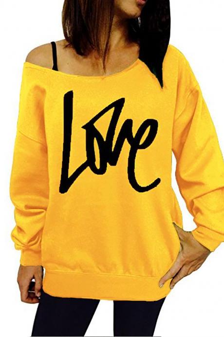 Women Hoodies Sweatshirt Spring Girls LOVE Letter Printed Long Sleeve Sexy Off The Shoulder Pullover yellow