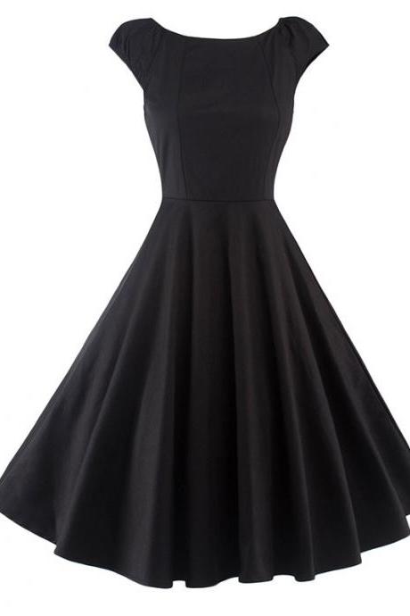 Vintage Hepburn Dress Cap Sleeve Women Summer Cotton Rockabilly Casual Holiday Party Dress Black