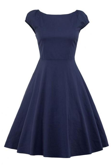 Vintage Hepburn Dress Cap Sleeve Women Summer Cotton Rockabilly Casual Holiday Party Dress Navy Blue