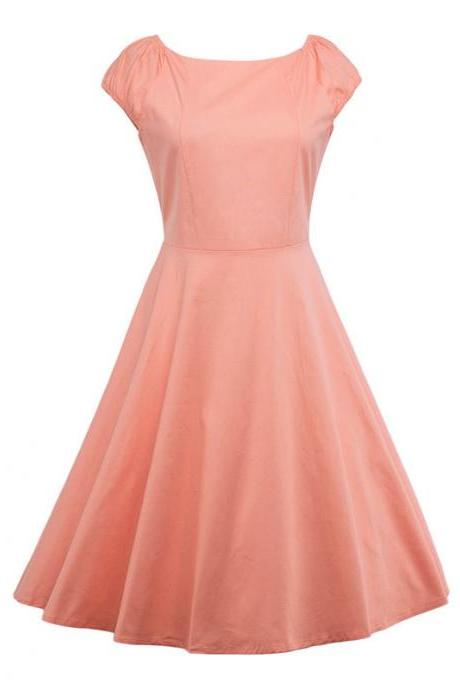 Vintage Hepburn Dress Cap Sleeve Women Summer Cotton Rockabilly Casual Holiday Party Dress Salmon