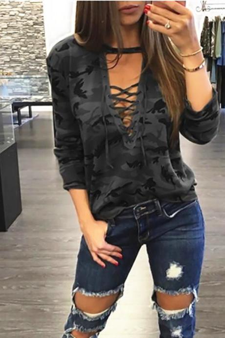 Women Camouflage T-Shirt Lace up Bandage V Neck Female Long Sleeve Lady Sexy Top Casual Tee black