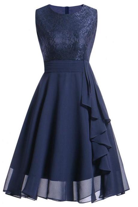 Vintage Ruffle Chiffon Dress Women Lace Patchwork A Line Evening Casual Party Dress Navy Blue