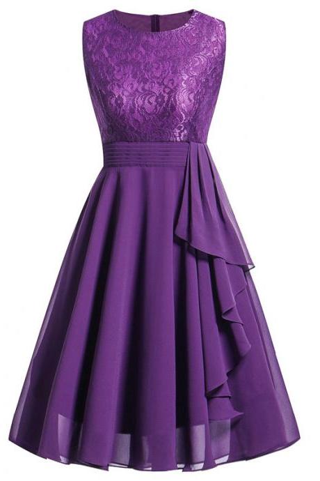 Vintage Ruffle Chiffon Dress Women Lace Patchwork A Line Evening Casual Party Dress Purple
