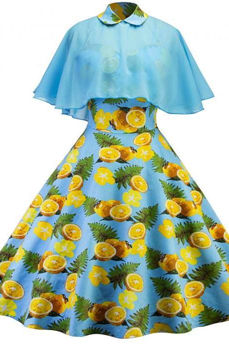 Vintage Cape Floral Dress Women Cloak Sleeve Two Piece Summer Formal Party Dress light blue