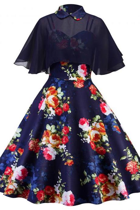 Vintage Cape Floral Dress Women Cloak Sleeve Two Piece Summer Formal Party Dress Navy Blue