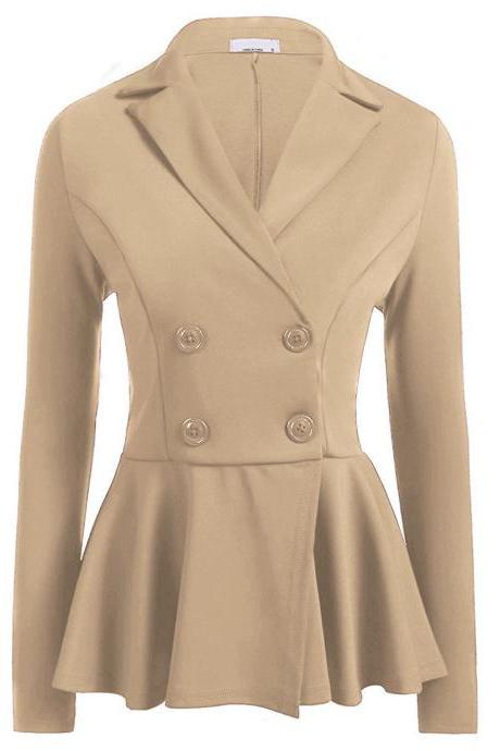  Women Slim Suit Coat Spring Autumn Long Sleeve Double-Breasted Work Wear Casual Jacket khaki