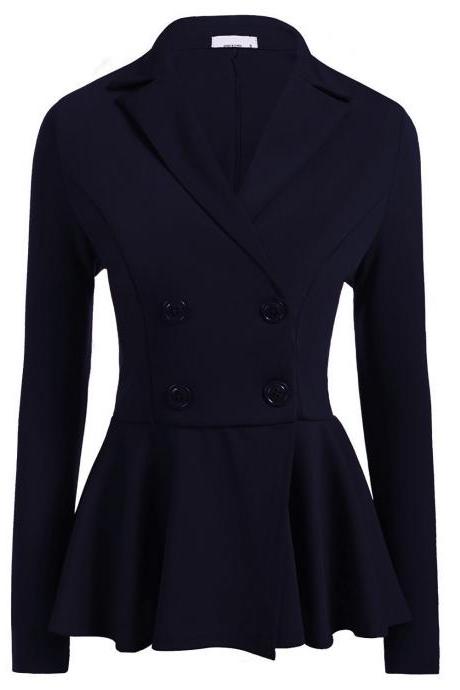 Women Slim Suit Coat Spring Autumn Long Sleeve Double-Breasted Work Wear Casual Jacket navy blue