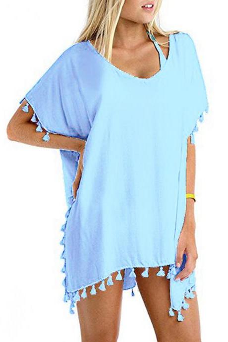 Women Tassels Bikini Cover Up Irregular See-through Tunic Swimwear Summer Beach Dress Baby Blue
