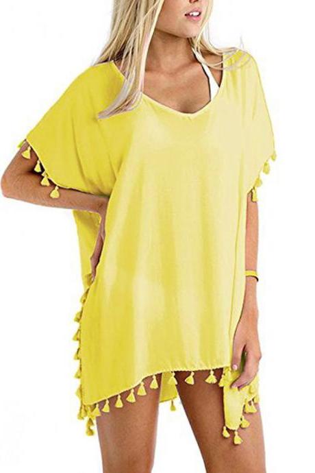 Women Tassels Bikini Cover Up Irregular See-through Tunic Swimwear Summer Beach Dress Yellow