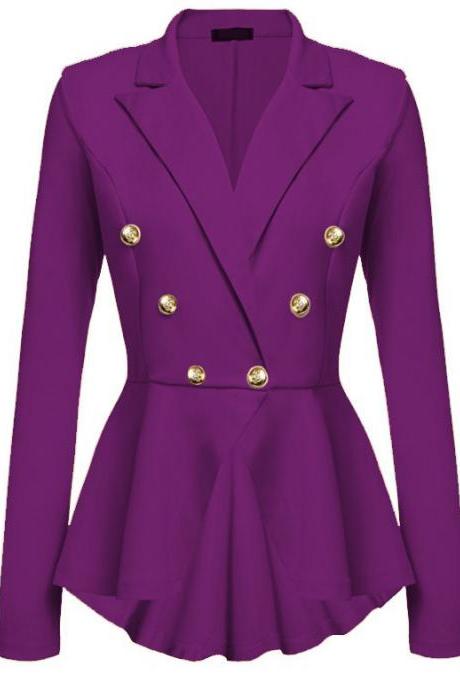 Women Slim Suit Coat Spring Autumn Metal Button Long Sleeve Double-Breasted Lady Blazer Work Wear purple