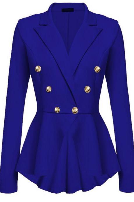 Women Slim Suit Coat Spring Autumn Metal Button Long Sleeve Double-breasted Lady Blazer Work Wear Royal Blue