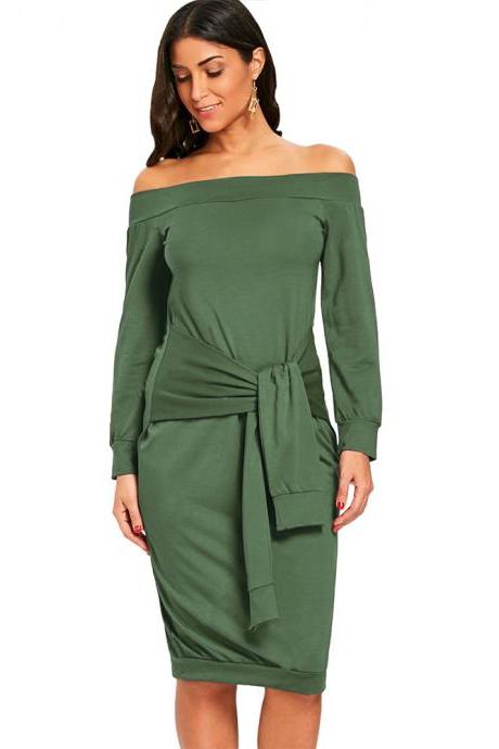 Sexy Slim Pencil Party Dress Off Shoulder Tie Belted Long Sleeve Bodycon Party Dress army green
