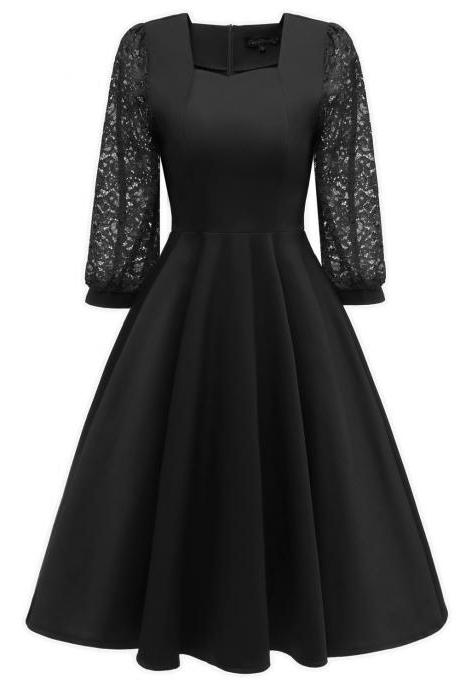 Vintage 50 60s Lace Dress Women Square Collar 3/4 Sleeve Rockabilly Evening Party Dress Black