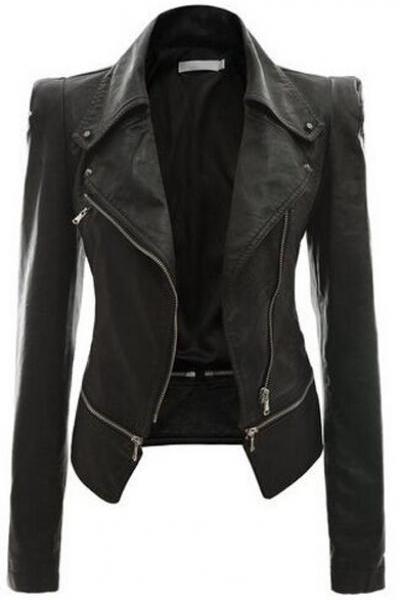 New Fashion Women Faux Leather Jackets Long Sleeve Lady Slim Short Bomber Coat Motorcycle Outerwear black