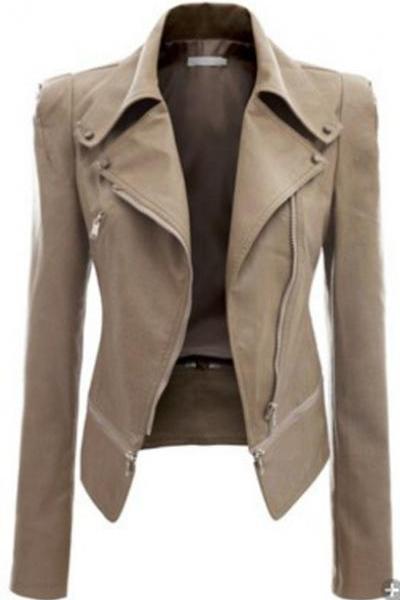 New Fashion Women Faux Leather Jackets Long Sleeve Lady Slim Short Bomber Coat Motorcycle Outerwear apricot