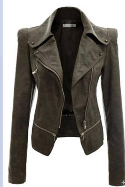 New Fashion Women Faux Leather Jackets Long Sleeve Lady Slim Short Bomber Coat Motorcycle Outerwear army green