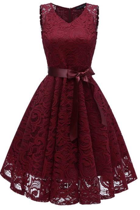 Vintage V Neck Belted Floral Lace Dress Sleeveless Tunic A Line Formal Prom Party Dress burgundy