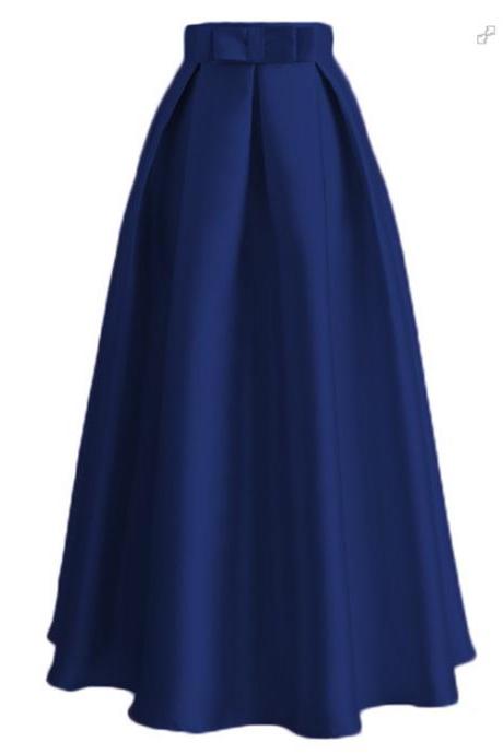 Plain Muslim Women Casual Maxi Pleated Skirts High Waist Ladies A Line Long Skater Skirt Dark Blue