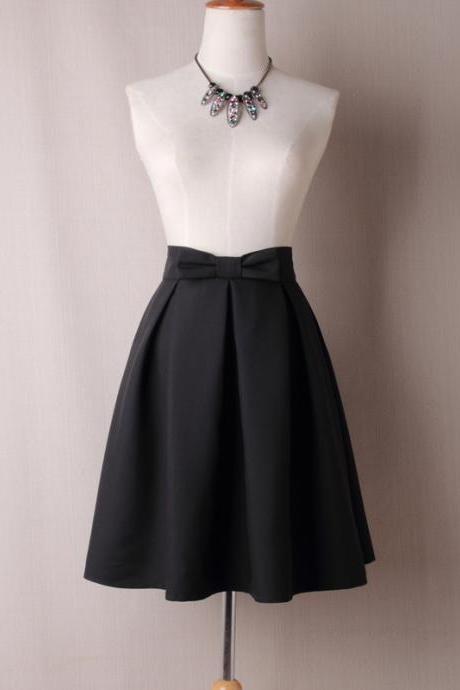 Black High Waist Pleated Knee-length Midi Skater Skirt With Bow Accent