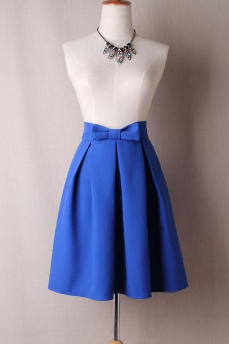 Cobalt Blue Bow Accent High-waisted Ruffled Knee-length Skater Skirt