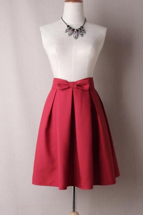 Crimson Red Bow Accent High Rise Knee Length Ruffled Skater Skirt
