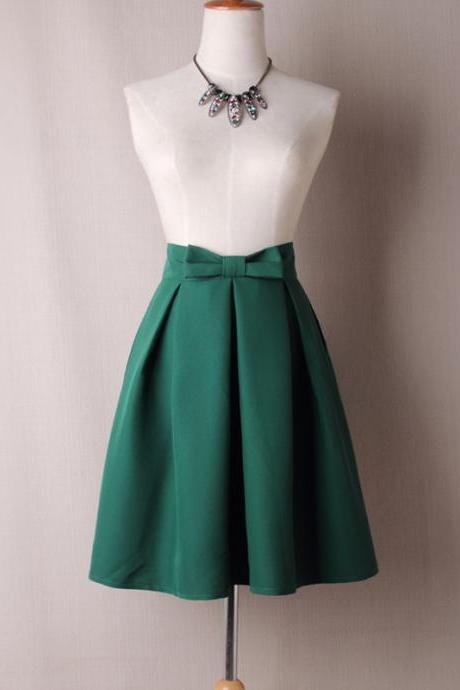 Green High Waist Pleated Knee-length Midi Skater Skirt With Bow Accent