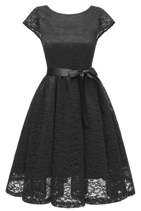 Women Floral Lace Dress O Neck Backless Cap Sleeve Belted A Line Cocktail Party Dress Black