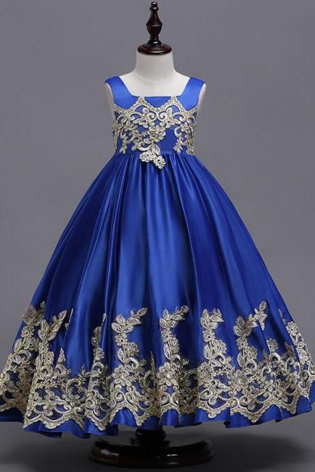 Princess Flower Girl Dresses Embroidery Lace Long First Communion Party Prom Gowns Royal Blue