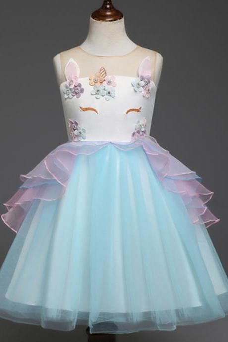 Fancy Kids Unicorn Dress Girls Embroidery Flower Baby Girl Princess Party Costumes Gowns blue