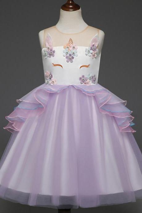 Fancy Kids Unicorn Dress Girls Embroidery Flower Baby Girl Princess Party Costumes Gowns lilac