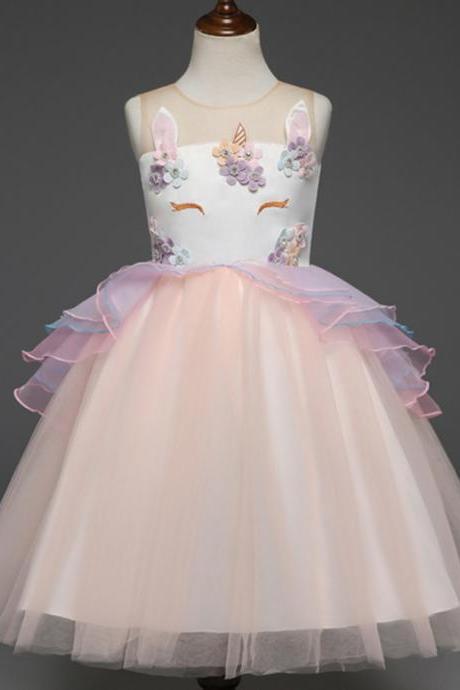 Fancy Kids Unicorn Dress Girls Embroidery Flower Baby Girl Princess Party Costumes Gowns salmon
