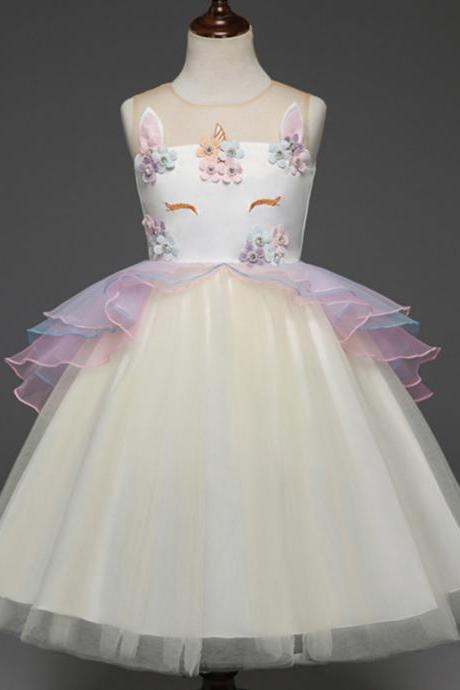 Fancy Kids Unicorn Dress Girls Embroidery Flower Baby Girl Princess Party Costumes Gowns yellow