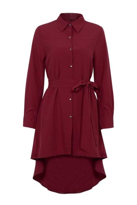 Burgundy Collared Neck Long Cuffed Sleeves Button Down High Low Shirt Dress Featuring Bow Accent Belt 