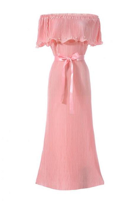 Off the Shoulder Pleated Maxi Dress Boho Summer Belted Women Long Prom Party Dress pink