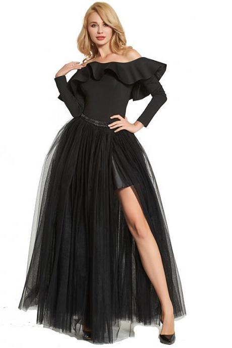 Sexy High Side Split Long Tulle A Line Skirt High Waist Floor Length Women Maxi Tutu Skirt Black