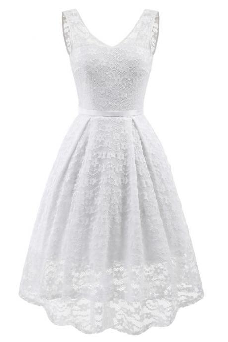 Vintage High Low Floral Lace Dress V Neck Backless Belted Women A Line Cocktail Party Dress off white