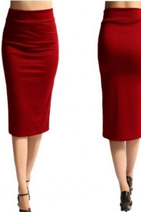 Slim Pencil Skirt High Waist Knee Length Casual Work Office Solid Sheath Bodycon Skirt Red