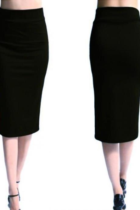 Slim Pencil Skirt High Waist Knee Length Casual Work Office Solid Sheath Bodycon Skirt Black