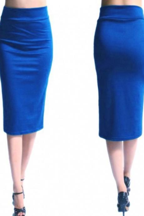 Slim Pencil Skirt High Waist Knee Length Casual Work Office Solid Sheath Bodycon Skirt Blue