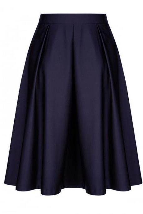 Fashion Women Midi Skater Skirt High Waist Zipper Pleated Swing A Line Skirt Navy Blue