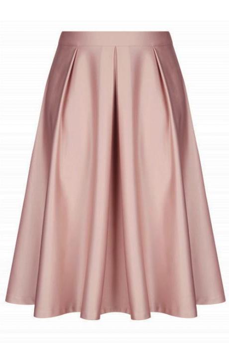 Pink Satin High Rise Ruffled A-line Midi Skirt