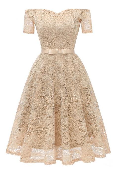 Off the Shoulder Floral Lace Dress Women Short Sleeve Belted Vintage A Line Cocktail Party Dress champagne