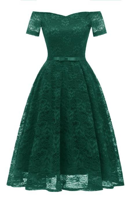 Off the Shoulder Floral Lace Dress Women Short Sleeve Belted Vintage A Line Cocktail Party Dress green