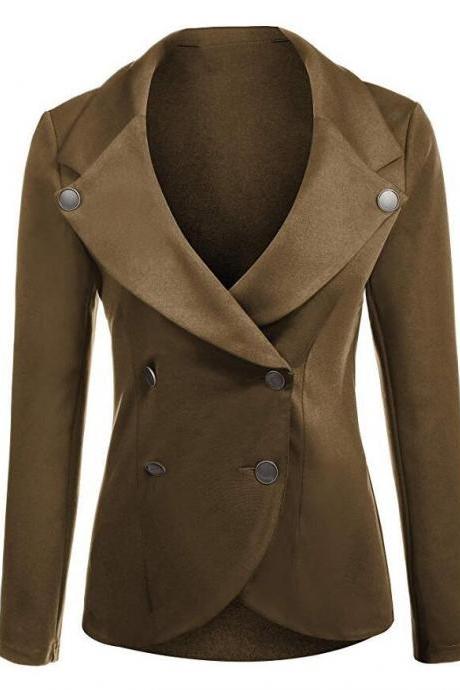 Women Slim Blazer Coat Spring Autumn Casual Long Sleeve Double-Breasted OL Work Suit Jacket brown
