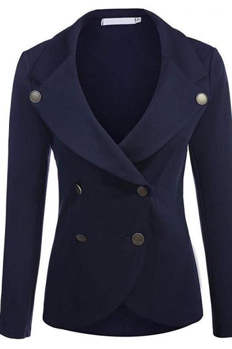  Women Slim Blazer Coat Spring Autumn Casual Long Sleeve Double-Breasted OL Work Suit Jacket navy blue 