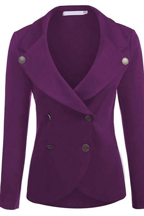 Women Slim Blazer Coat Spring Autumn Casual Long Sleeve Double-breasted Ol Work Suit Jacket Purple