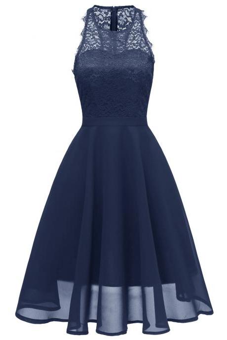 Women Casual Summer Dress Sleeveless O Neck Lace Patchwork A Line Cocktail Party Dress Navy Blue