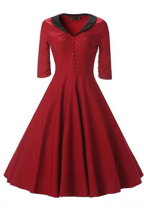  Women Rockabilly Dress Bottons Hepburn 50s 60s Half Sleeve Tunic V Neck A Line Party Dress crimson